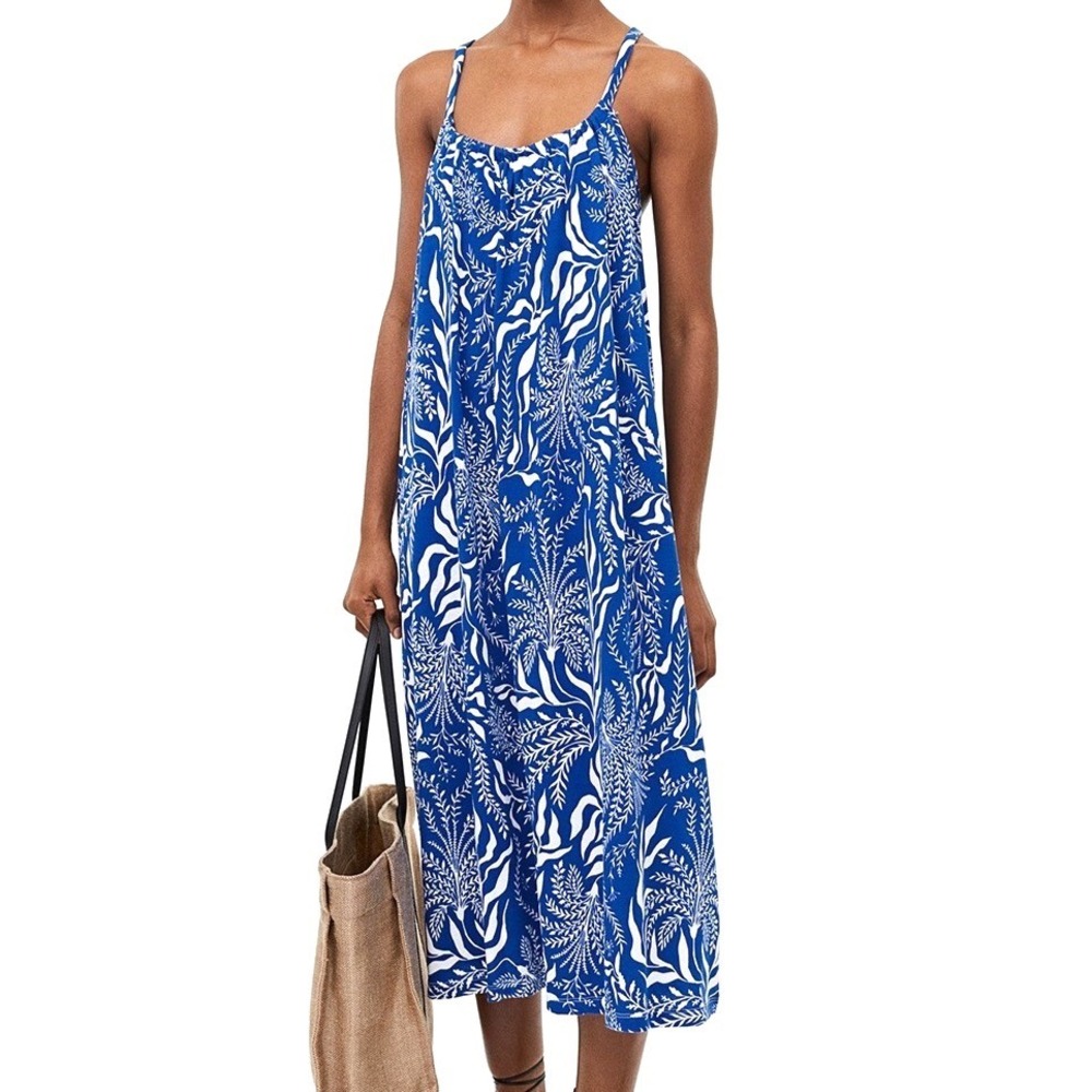 H&M Blue FLORAL PRINT Jersey Knit SLEEVELESS Low-Back OVERSIZED A-Line Dress XL
